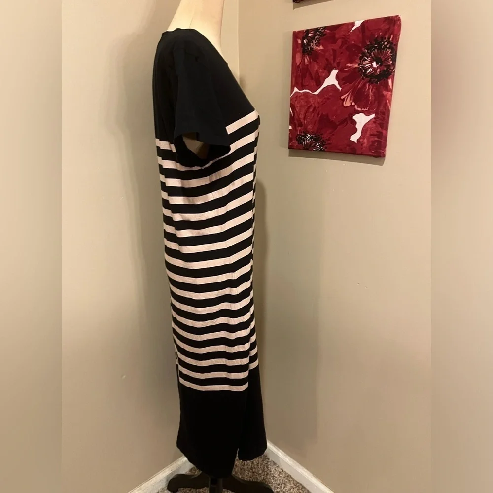 J.Crew Women Black Beige Striped Cotton Midi T-shirt Dress S with Side Slit, XL